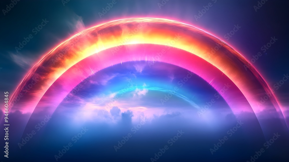 Poster a captivating conceptual image showcasing a rainbow splitting into multiple vivid luminescent arcs e