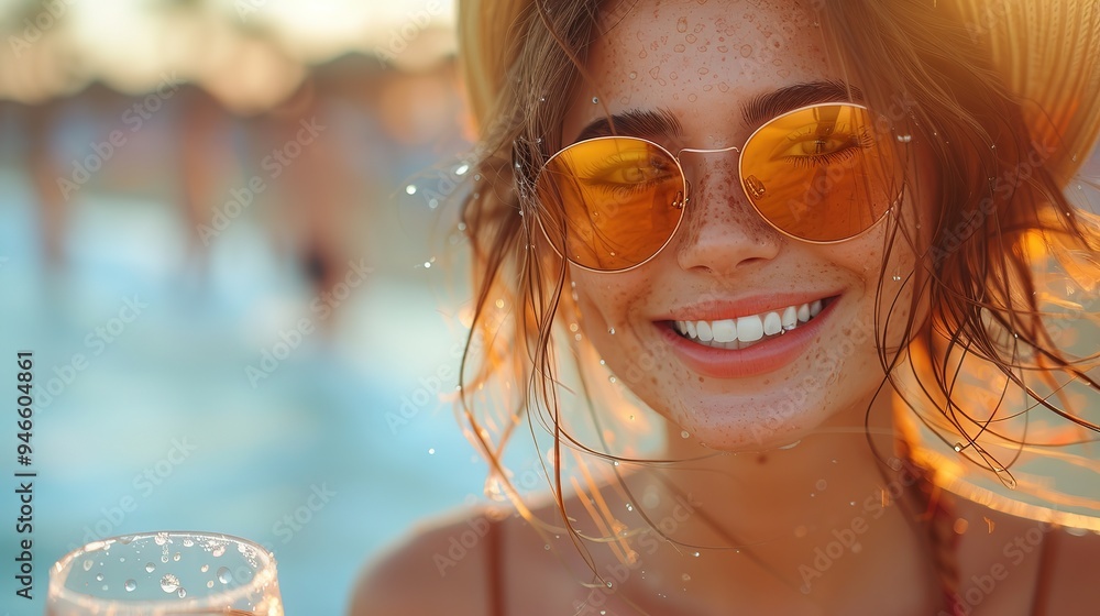 Poster a watercolor painting a young happy cheerful young woman drinking champagne and enjoyong the beach p