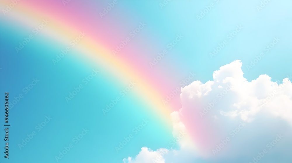 Poster conceptual landscape image of a rainbow seamlessly blending into the serene atmospheric sky with a g