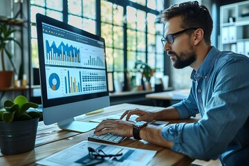photo of a project manager analyzing data on a computer in a modern office setting, with graphs and charts on screen displaying key performance indicators and metrics connected
