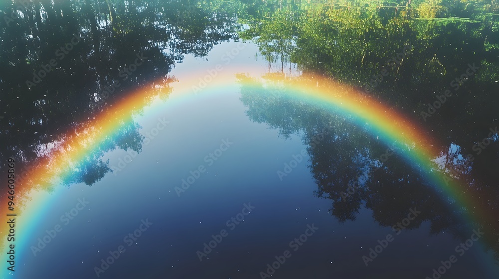 Poster mirrored serenity a tranquil reflection of the rainbow in calm waters creating a dreamlike symmetric