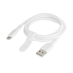 White cable for charging and synchronization with Type - C, USB, Micro USB, Lightning connectors on a white background close-up
