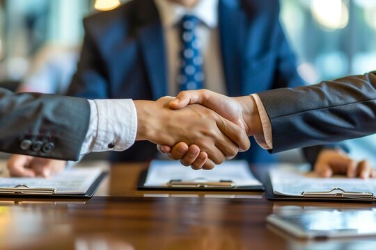 photo of a mediator sitting between two people at a table, with each person extending a hand to shake on a deal. The mediator is facilitating communication and helping them come