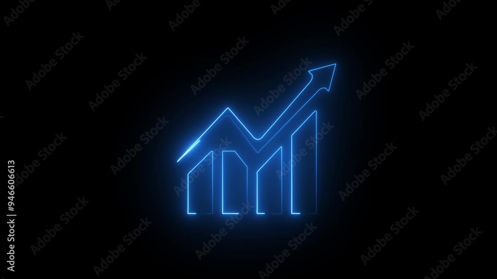 Poster neon business graph chart icon animation black background. abstract neon line business graph animati