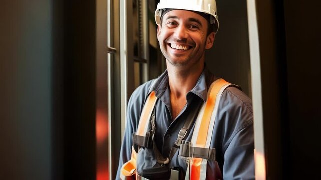Smiling construction worker in hard hat and safety harness rides elevator at job site, radiating confidence and pride in blue collar industry