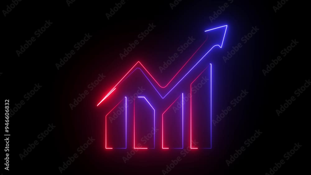 Poster neon business graph chart icon animation black background. abstract neon line business graph animati