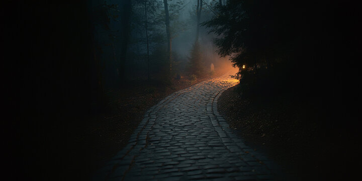 Spooky Cobble Stone Walking Path in the Dark Forest, Crepy Woods