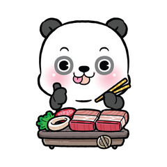 Panda eating delicious BBQ and hand showing thumb up, meaning Good. Kawaii cartoon style. White background