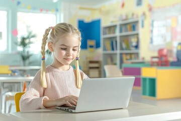 A young European girl with blond hair and braids is sitting at a desk in a colorful classroom, focused on her laptop. The environment is bright and vibrant, highlighting a playful online