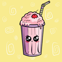 Illustration with cute milkshake with a straw and cherry on the top. Element for print, postcard and poster. Vector Illustration. 