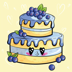 Illustration with cute cake and bluberries. Element for print, postcard and poster. Vector Illustration. 