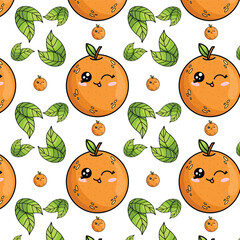 Seamless pattern with cute kawaii oranges Element for print, texture, fabric, wrap.Vector Illustration. 