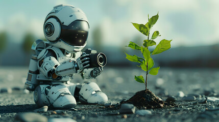 A human-shaped robot kneels on the ground, using a camera to document a young plant sprouting from the soil in a bright, futuristic setting.