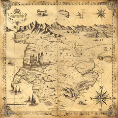 Fototapeta premium Antique medieval map engraving depicting landscapes, castles, and towns from a historical region with mountainous terrain