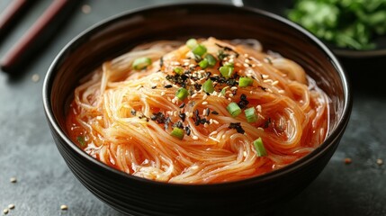 Delicious bowl of spicy noodles topped with green onions and sesame seeds