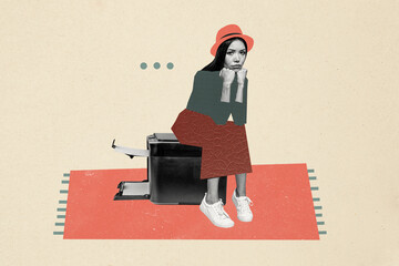 Composite photo collage of upset tired businesswoman sit broke printer office equipment scanner...