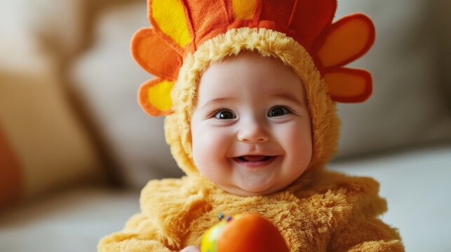 Adorable smiling baby dressed as a turkey celebrating Thanksgiving with joy and warmth at home
