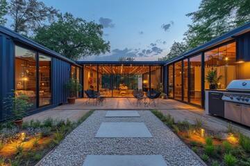 Fototapeta premium Modern tiny house with open concept living featuring recycled shipping containers