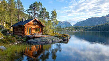 Fototapeta premium Wooden cabin reflecting on tranquil lake with misty mountains