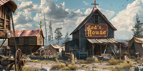 A makeshift church constructed from wagons and tents, with a hand-painted sign proclaiming "God's House" amidst the chaos of a frontier camp. 