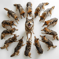Obraz premium Wolves gather in a circular formation, with one wolf displaying dominance while the others maintain a submissive posture, reflecting their complex social dynamics.