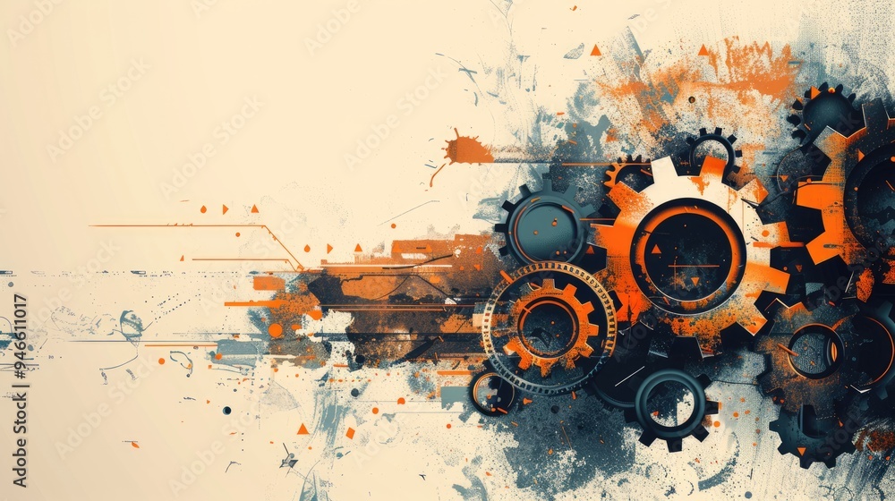 Poster Abstract technology background with interlocking gears and dynamic paint splatters