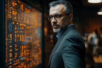 Man in Suit Looking Over Shoulder at Digital Interface