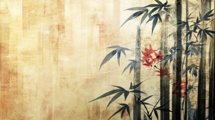Artistic bamboo painting with red flowers accent.