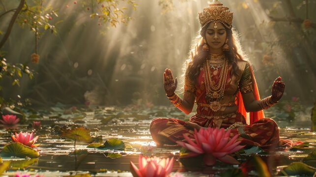 Beautiful indian woman dressed as lakshmi goddess of wealth meditating on golden coins and lotus flowers