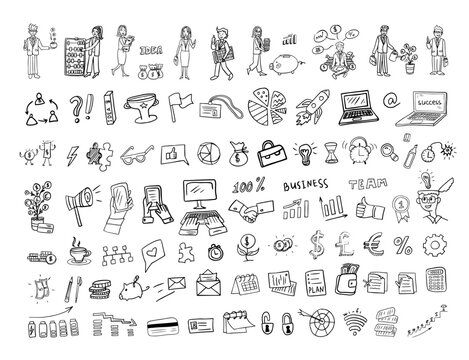 Large set of business elements in doodle style.  Vector illustration of happy business people, success, start-up, team, good idea. Great for banner, posters, cards, stickers and professional design.