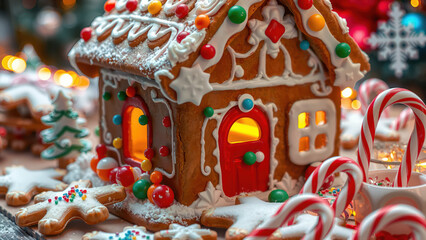 Obraz premium Christmas gingerbread house with candy decorations