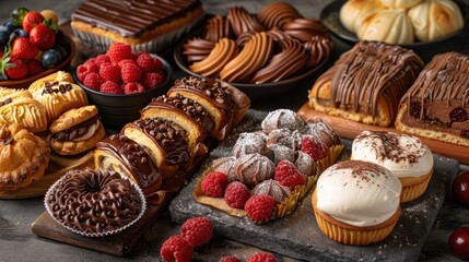 Delicious pastries and cakes decorated with fruits are displayed on wooden shelves in a bakery