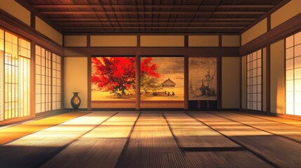 Japanese room with large red tree mural and shoji windows.