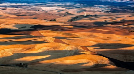 A patchwork of wheat stubble fields in the fall in the palouse wheat country in southeastern...