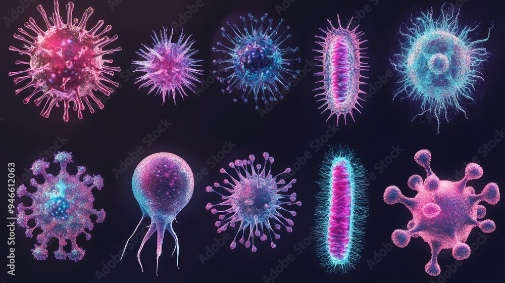 Poster collection of virus and bacteria cells floating on black background