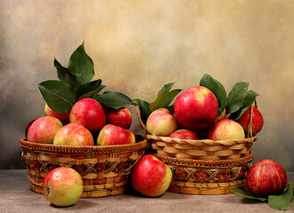 Honey apples in a basket on an old concrete background, harvesting in the village, healthy natural food concept, shop advertising, cafe business card, selective focus.