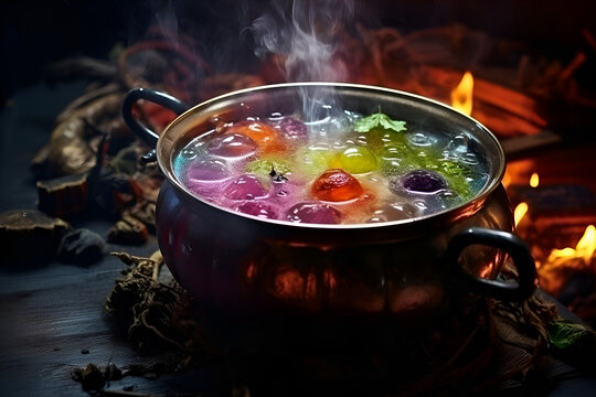 A multicolored bubbly potion boiling in a witch's cauldron. The concept is a fabulous elixir