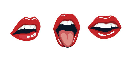 A set of three red lips, with one showing a tongue, representing expression, beauty, and fashion. Ideal for use in cosmetics, fashion branding, and creative projects