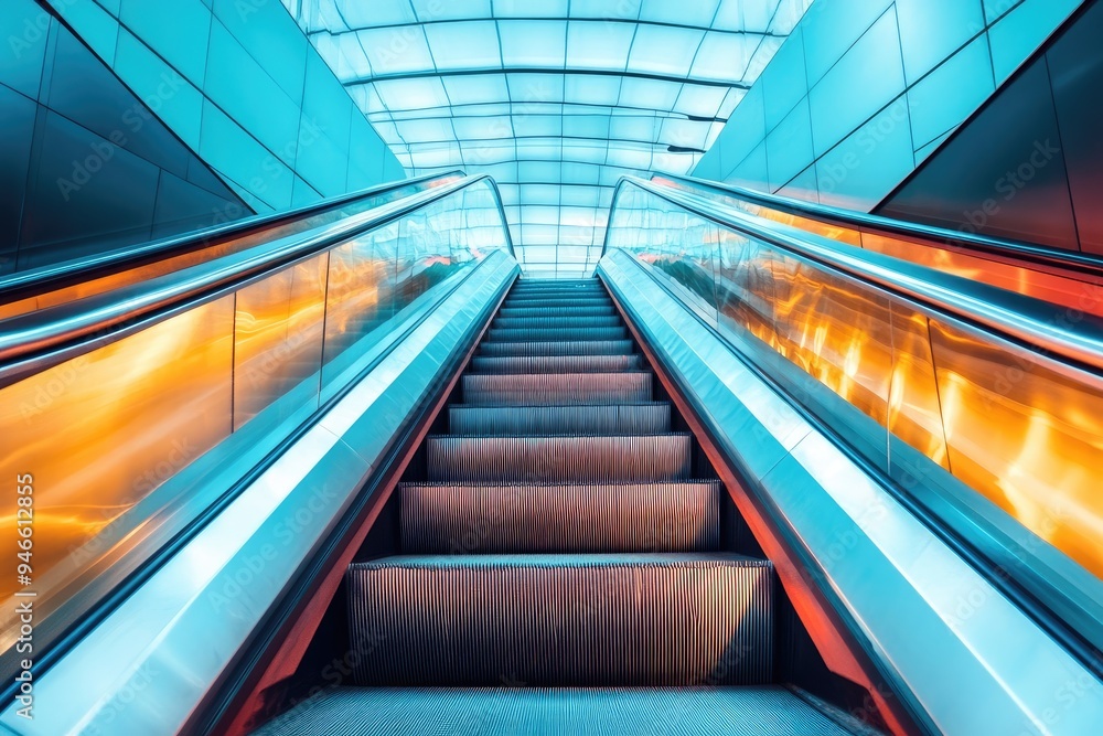 Poster Empty escalator going up in modern building