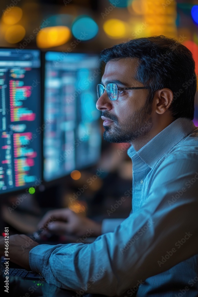 Fototapete Indian programmer is working late in the office, concentrating on solving a complex problem