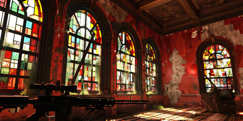 Obraz premium Crimson Cloister: A Sharpshooter's Den: A former convent with colorful stained glass windows, now serving as a hideout for outlaws seeking refuge.