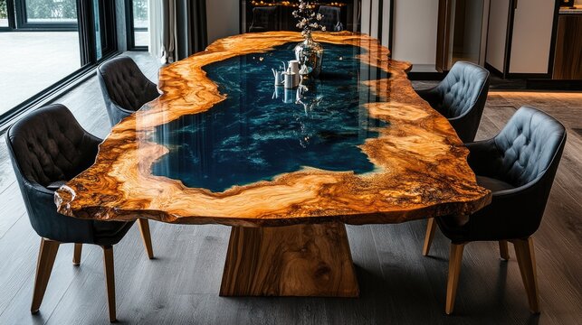 Modern dining room interior with live edge wooden table and blue epoxy resin