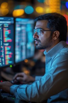 Indian programmer is working late in the office, concentrating on solving a complex problem