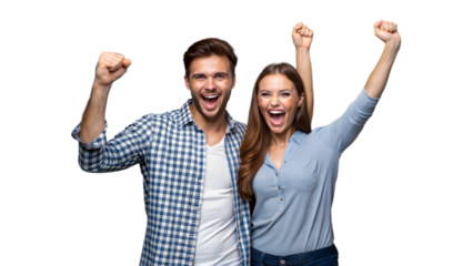 Excited Couple Celebrating Success With Raised Fists