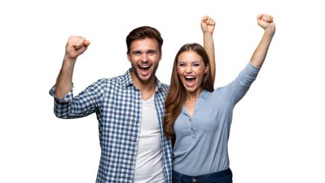 Excited Couple Celebrating Success With Raised Fists