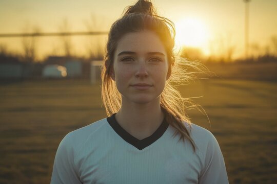 Young woman in white soccer jersey with sun setting behind her