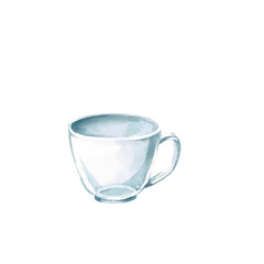 Glass cup in watercolor illustration. Illustration on the theme of tea for postcards, cookbooks, coffee shops. Illustration isolated from the background