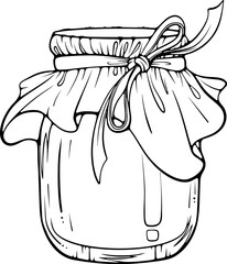 Glass jar with jam or jelly and packaging paper. Homemade berry dessert. Preservation of fruits. Vector illustration in hand drawn sketch doodle style. Line art isolated on white for coloring book