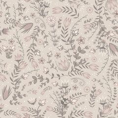 Graceful and delicate fairy-core floral pattern on neutral cream. Whimsical Scandinavian design in pastel pink and green harmonious colors. Elegant hand-drawn composition in a cute fantasy style.