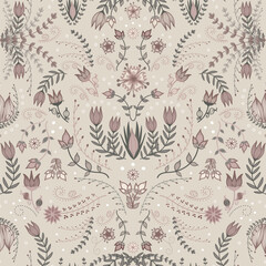 Elegant Scandinavian folk art floral pattern on antique beige with muted pastel pink and light green. Detailed, whimsical botanical illustration with symmetrical flower motifs. Dreamy and sophisticate